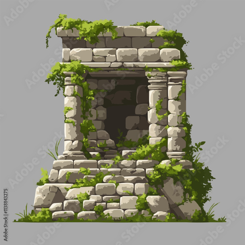 Illustrate pixel art ancient ruins with moss-covered stones, vector icon design, flat style.