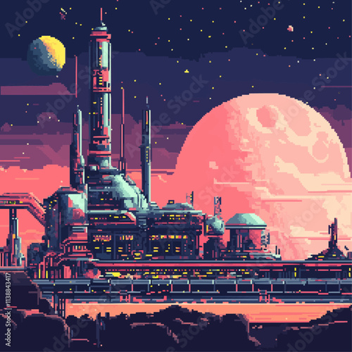 Illustrate pixel art futuristic space colonies with advanced infrastructure and alien landscapes, vector icon design, flat style.