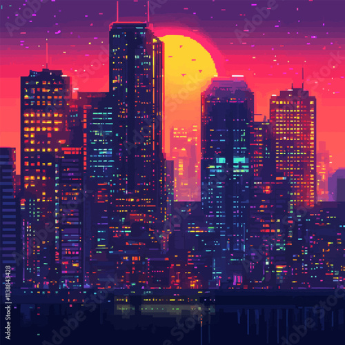 Illustrate pixel art futuristic cityscapes with towering skyscrapers and neon lights, vector icon design, flat style.