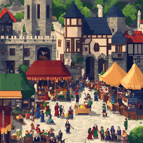 Illustrate pixel art medieval marketplaces with bustling activity, diverse stalls, and vibrant crowds, vector icon design, flat style.