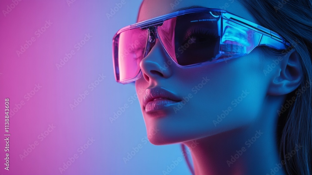 Portrait of a woman in futuristic blue sunglasses with pink neon background Portrait of a woman in futuristic blue sunglasses with pink neon background