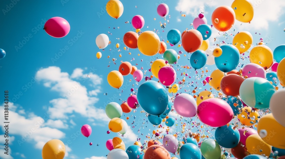 Multicolored balloons floating against a bright blue sky with sunlight and clouds Multicolored balloons floating against a bright blue sky with sunlight and clouds