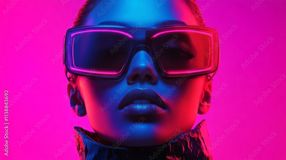 Stylish portrait of a woman wearing futuristic sunglasses under vibrant neon lighting Stylish portrait of a woman wearing futuristic sunglasses under vibrant neon lighting