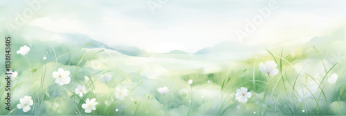 pastel watercolor floral background image with white flowers, in the style of light emerald and white. banner