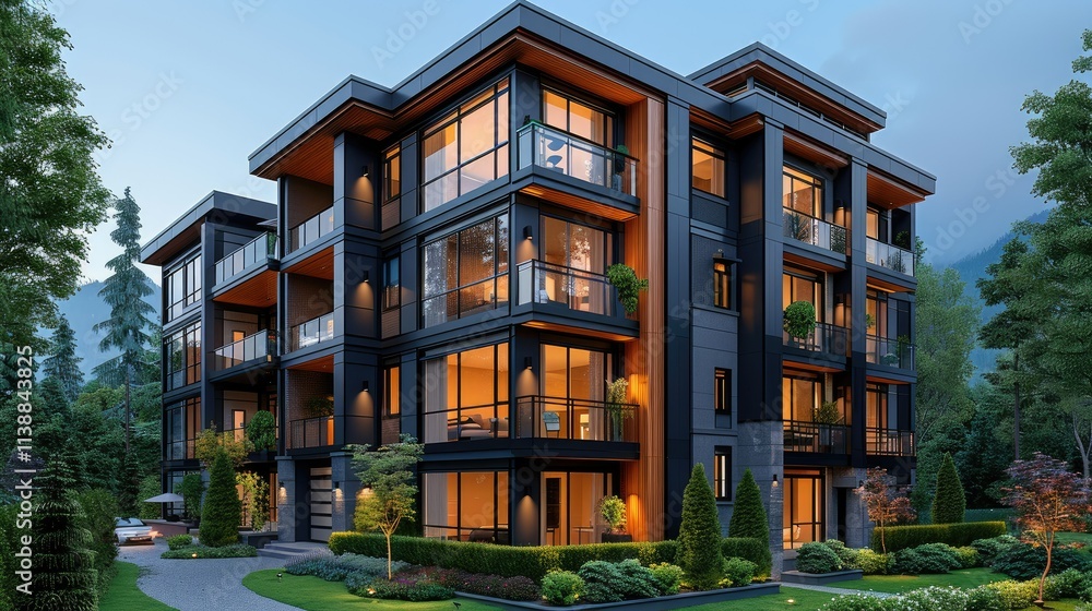 Modern multi-story building with large windows and greenery surrounding it. Modern multi-story building with large windows and greenery surrounding it.