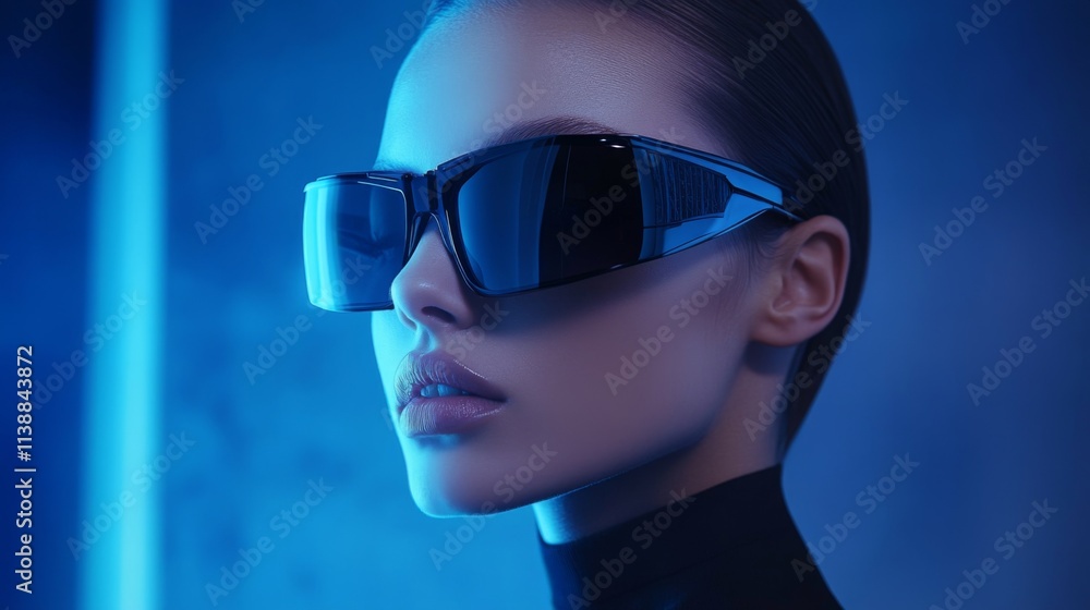 Stylish portrait of a woman in dark blue light wearing futuristic sunglasses Stylish portrait of a woman in dark blue light wearing futuristic sunglasses