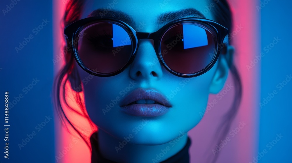 Stylish futuristic portrait of a woman in glowing blue neon light with sunglasses Stylish futuristic portrait of a woman in glowing blue neon light with sunglasses