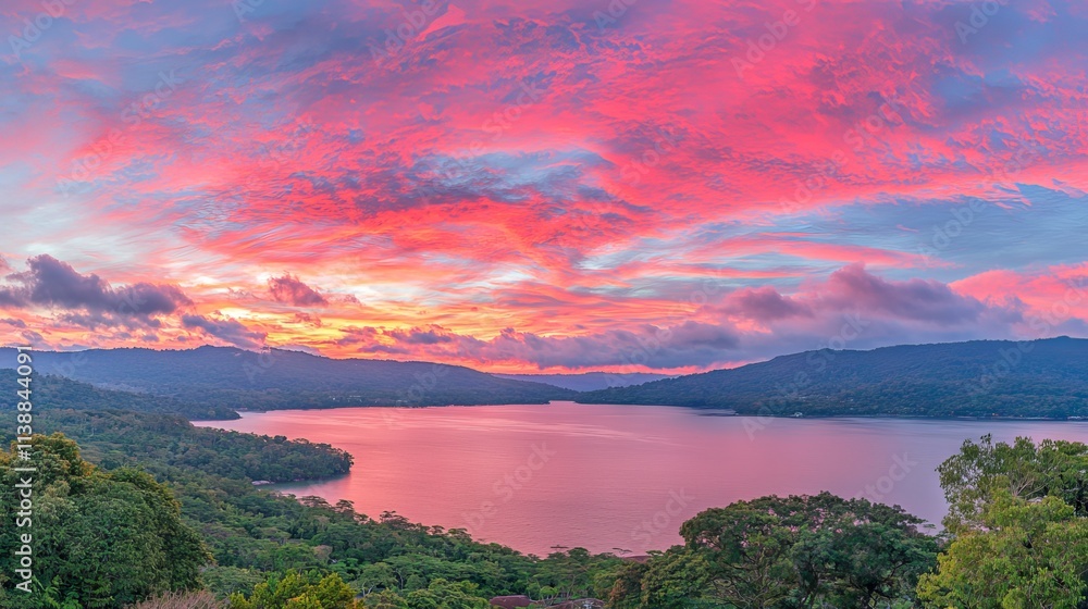 Vibrant sunset over a serene lake surrounded by lush greenery. Vibrant sunset over a serene lake surrounded by lush greenery.