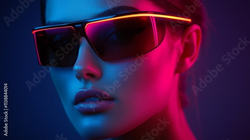 Fashion portrait of a woman wearing stylish black sunglasses with blue and pink neon glow