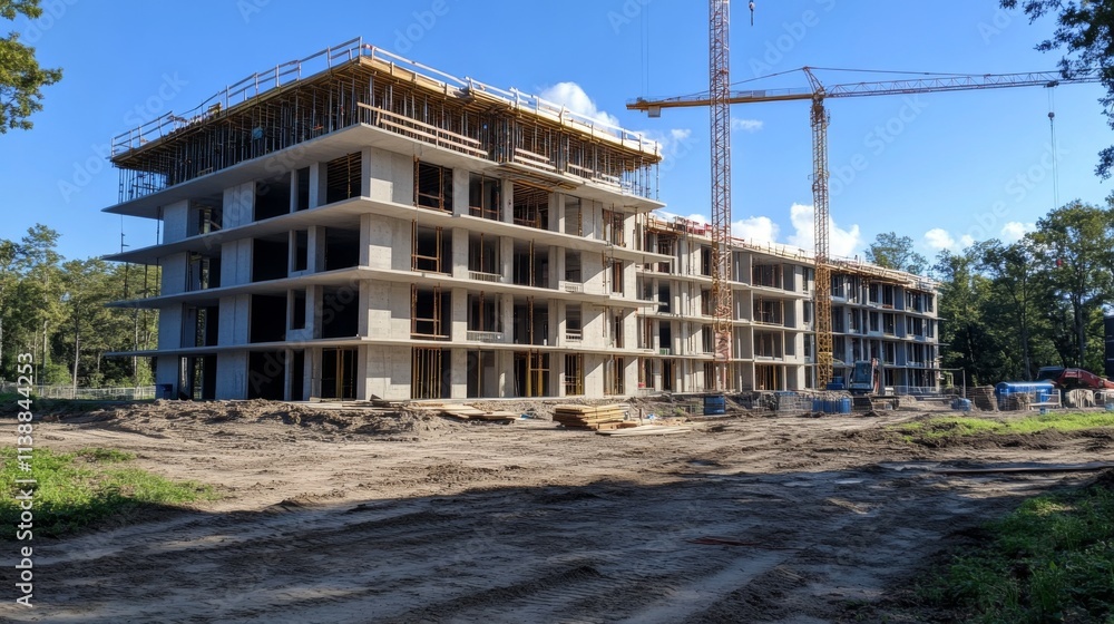 New apartment building construction with cranes in an urban setting New apartment building construction with cranes in an urban setting