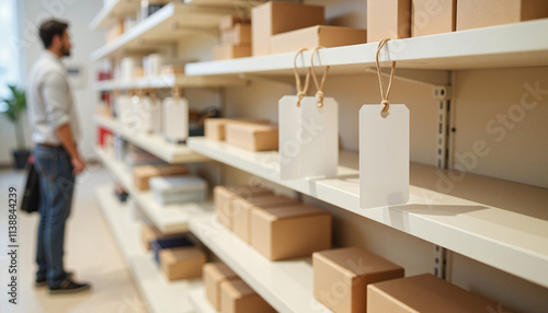 Empty price tags on store shelves with boxes and shopper.