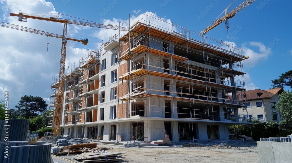 Construction site featuring modern building framework with cranes under clear sky Construction site featuring modern building framework with cranes under clear sky