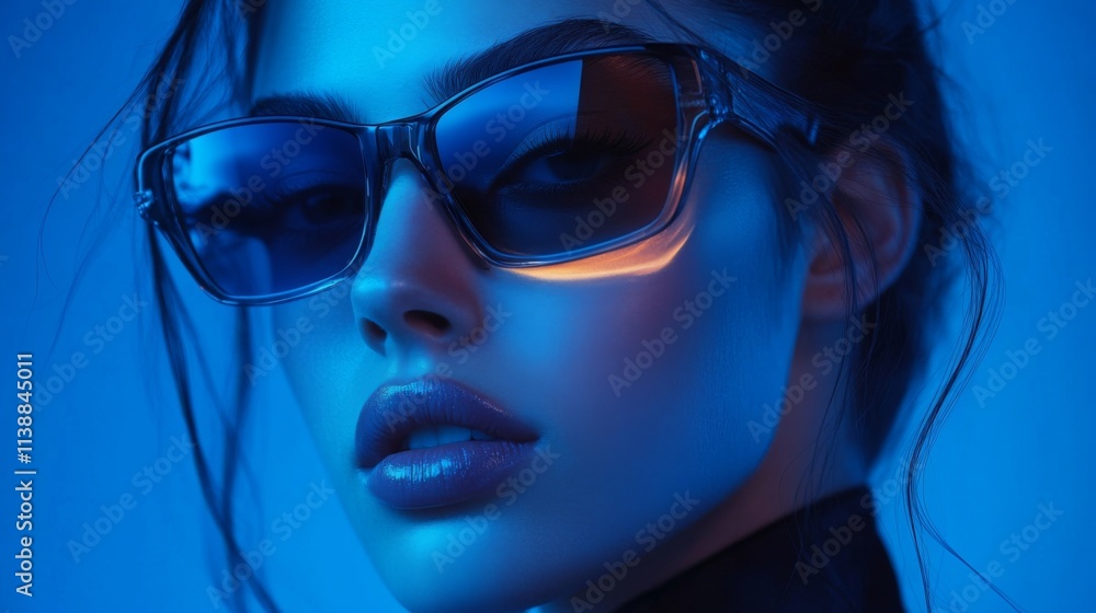 Stylish woman in blue neon light wearing futuristic sunglasses Stylish woman in blue neon light wearing futuristic sunglasses