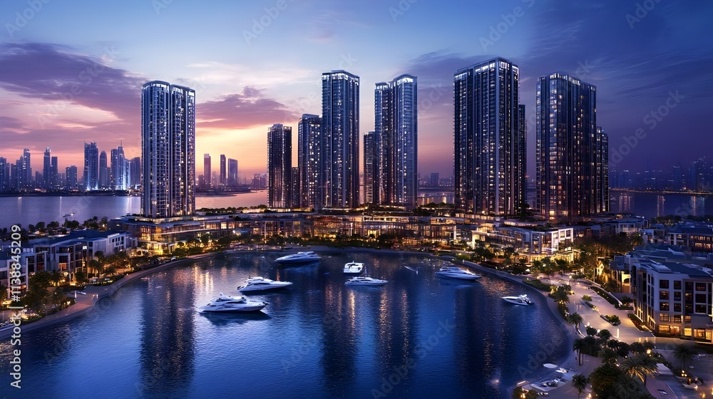Fototapeta premium futuristic cityscape at night featuring illuminated skyscrapers, luxury waterfront views, yachts, and a vibrant skyline. A modern cityscape showcasing urban architecture, skyscrapers, and the vibrant