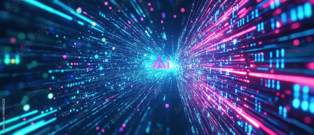 Obraz premium Abstract AI Data Stream: Futuristic Technology Tunnel of Light and Binary Code