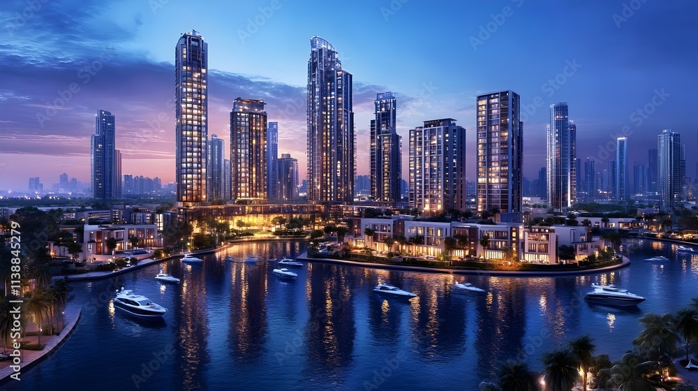 Fototapeta premium futuristic cityscape at night featuring illuminated skyscrapers, luxury waterfront views, yachts, and a vibrant skyline. A modern cityscape showcasing urban architecture, skyscrapers, and the vibrant