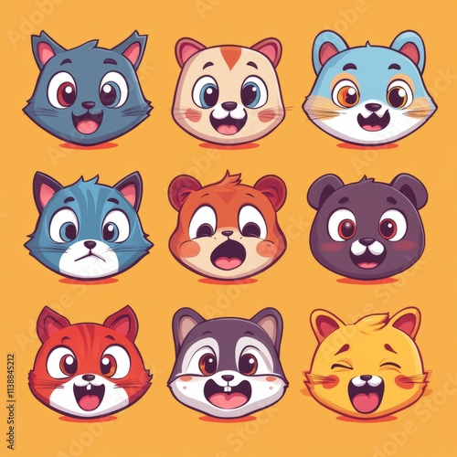 vector sticker cartoon animal faces with exaggerated emotions like happy, sad, shocked, angry, and sleepy  