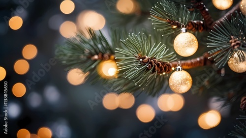 Christmas Tree Decorations, Snowy Christmas Tree Branch with Lights, Frosty Pine Needles with Twinkling Lights, Close-up of Snowy Pine Needles with Lights