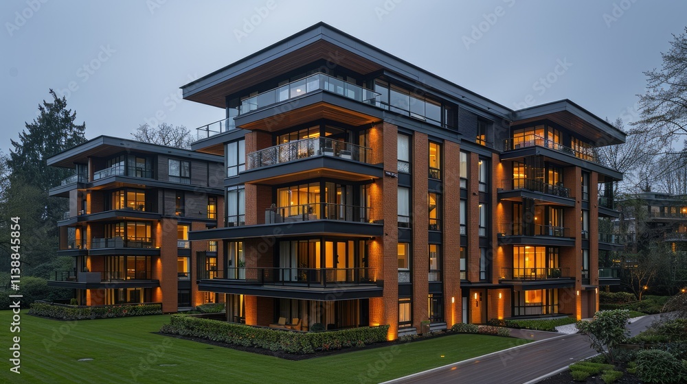 Modern residential building with illuminated balconies and landscaped surroundings at dusk. Modern residential building with illuminated balconies and landscaped surroundings at dusk.
