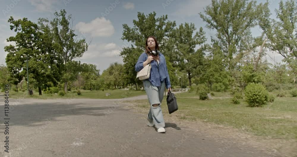 Young woman walking in park on sunny day. She's carrying laptop bag and purse, wearing headphones around neck. Casual style, positive emotions, enjoying walk. Young woman walking in park on sunny day. She's carrying laptop bag and purse, wearing headphones around neck. Casual style, positive emotions, enjoying walk.