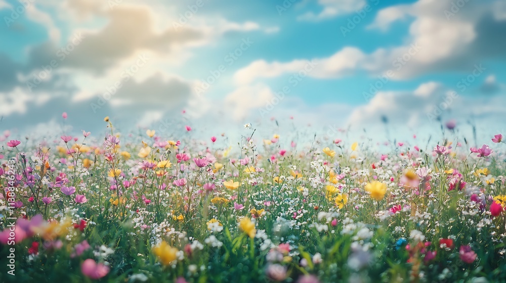 Vibrant Wildflower Meadow Under a Sunny Sky. Concept of Spring, Nature, and Beauty. Vibrant Wildflower Meadow Under a Sunny Sky. Concept of Spring, Nature, and Beauty.