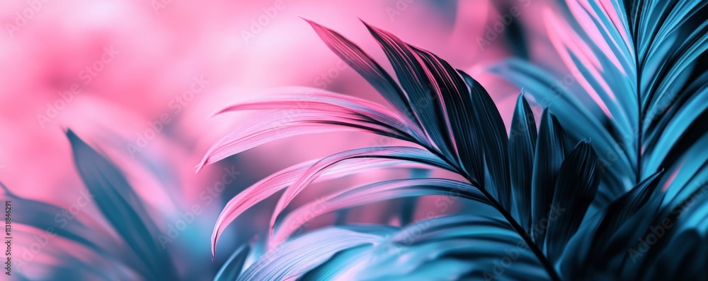 Fototapeta premium Tropical palm leaves in pink and blue tones. Minimal surreal summer background.