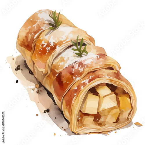 watercolor Christmas apple strudel set collection isolated on a white background, vector flat watercolor design painting