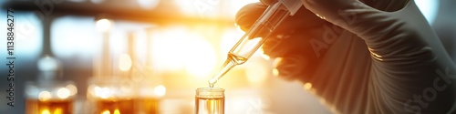 Scientist pouring liquid in lab, focus on vial and pipette