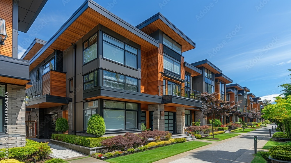 Modern residential buildings with greenery and a clear blue sky. Modern residential buildings with greenery and a clear blue sky.