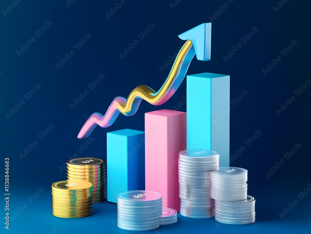 Finance stock growth chart investment graph on 3d diagram background with up arrow digital analysis money profit financial business success economy market. Wealth strategy increase currency exchange. Finance stock growth chart investment graph on 3d diagram background with up arrow digital analysis money profit financial business success economy market. Wealth strategy increase currency exchange.
