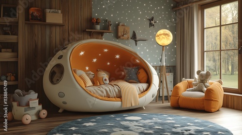 Fototapeta Naklejka Na Ścianę i Meble -  Themed nursery based on a space adventure with starry wallpapers a moon lamp and rocketshaped furniture photographed using high dynamic range to highlight the fun theme