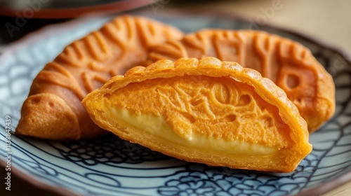 Delicious Golden Cream-Filled Koi-Shaped pastries on a Plate photo