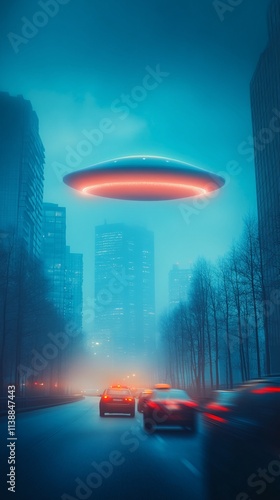 UFO Hovering Mysteriously Over Busy Night City Traffic in Dramatic Scene