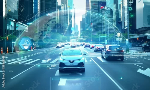 Futuristic car on a city road with digital interfaces.
