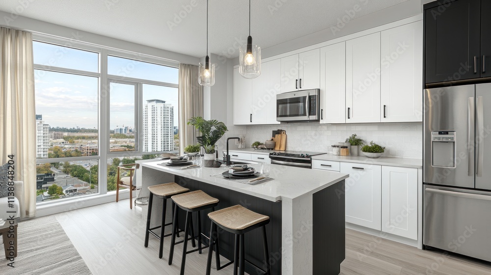 Modern kitchen with island, city view, and hardwood floors. Modern kitchen with island, city view, and hardwood floors.