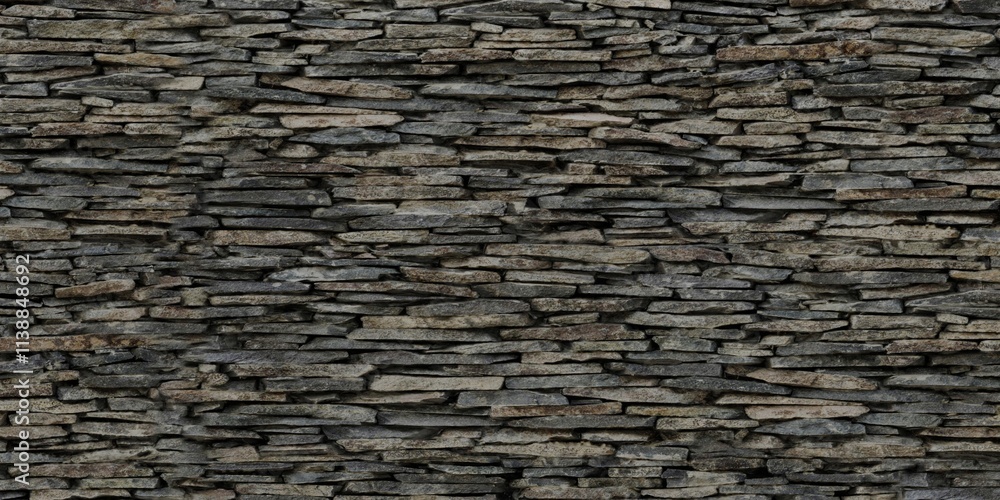 Abstract background with stone wall made of irregularly shaped, flat stones stacked horizontally. The stones vary in size and color, predominantly featuring shade Abstract background with stone wall made of irregularly shaped, flat stones stacked horizontally. The stones vary in size and color, predominantly featuring shade