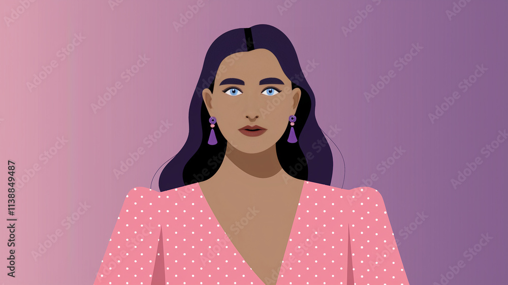 Woman with Long Black Hair in Pink Polka Dot Dress Woman with Long Black Hair in Pink Polka Dot Dress