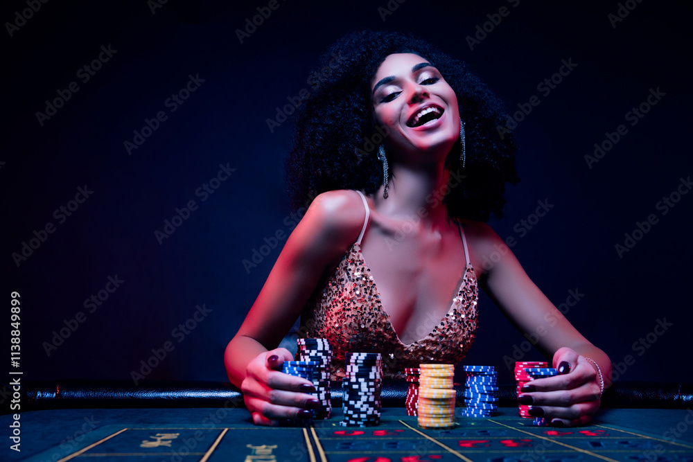 Photo of happy chic stunning lady all in poker player in las vegas club feel excited risk bet amazing victory Photo of happy chic stunning lady all in poker player in las vegas club feel excited risk bet amazing victory