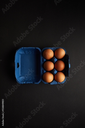 Brown Chicken egg on black background. Packaging. Free space.