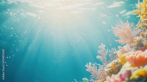 A serene World Ocean Day scene with coral reefs and marine life against a vibrant underwater backdrop, macro shot, Environmental style photo