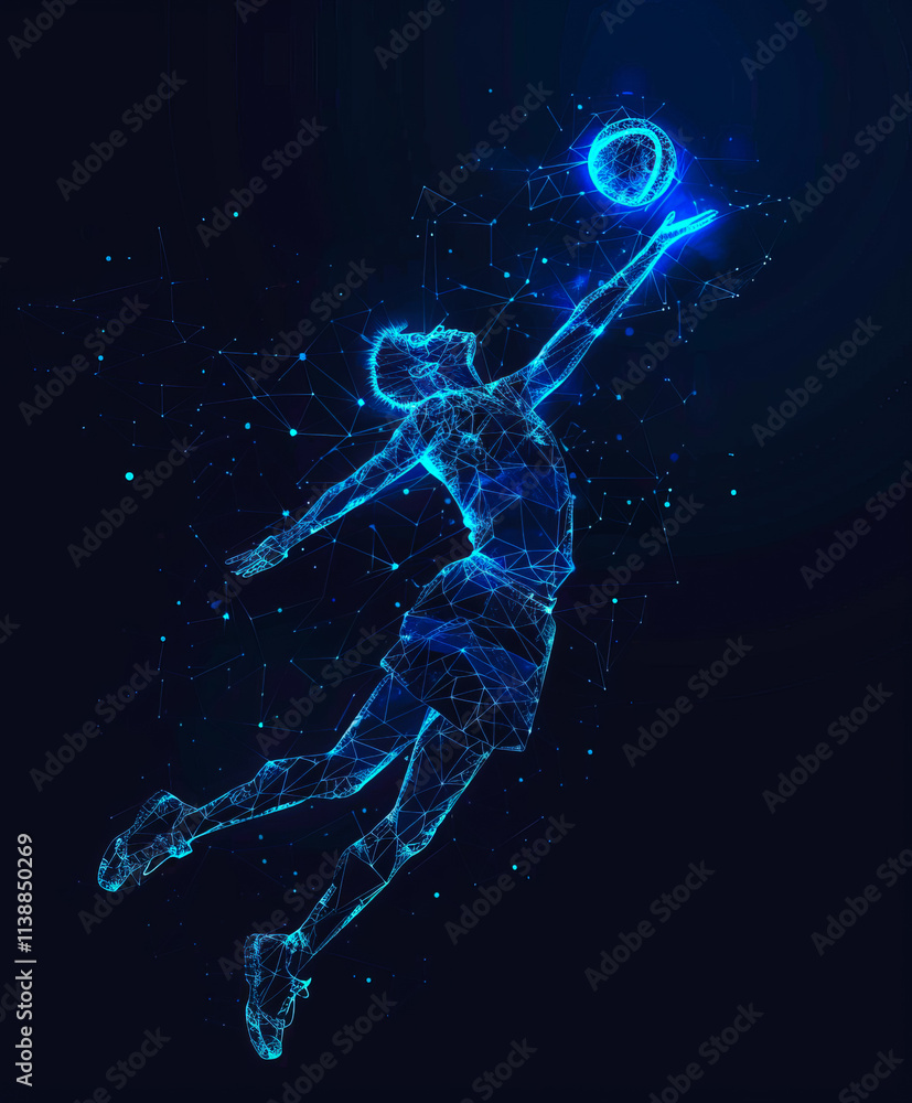 Fototapeta premium A sports poster banner or logo featuring a volleyball. The abstract background with colorful patterns enhances the dynamic design.