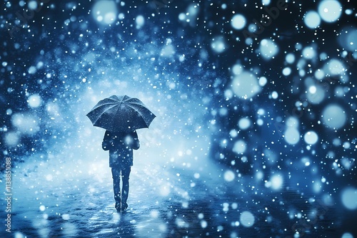 A man with an umbrella walks away in the forest along the road in winter.