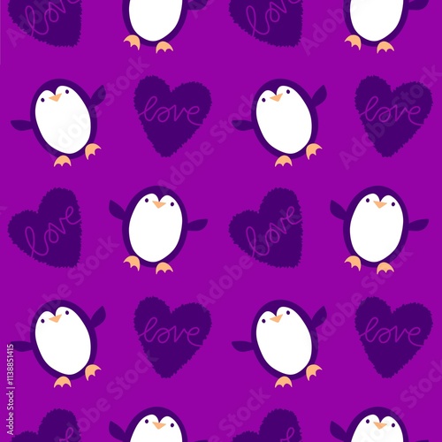 Valentine love hearts seamless 14 February penguin pattern for wrapping paper