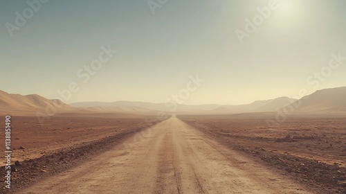 Dusty off road landscape, old road passing through mountain and desert natural view
