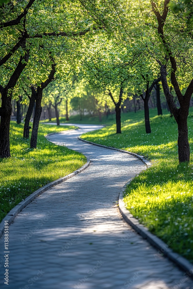 Winding park path under blooming trees in spring light Winding park path under blooming trees in spring light