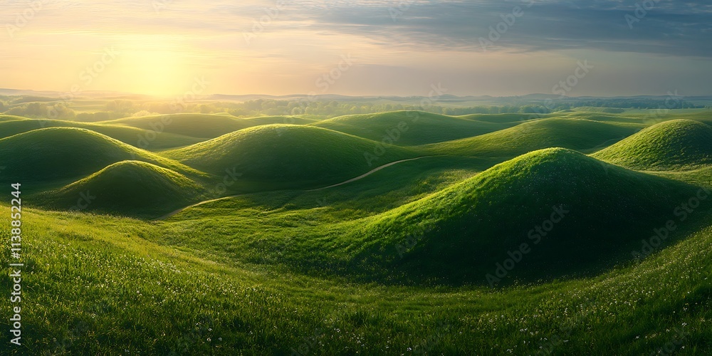 Obraz premium Green grass hills landscape view in daylight, fresh meadow natural beautiful scene