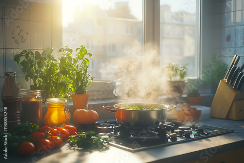 A Home Cooking Scene with Fresh Ingredients, Herbs, and a Cutting Board. photo