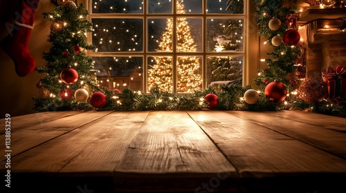 Christmas theme interior room view over a wooden table to a window with snowy weather outside and pine decorated Christmas trees with shining lights