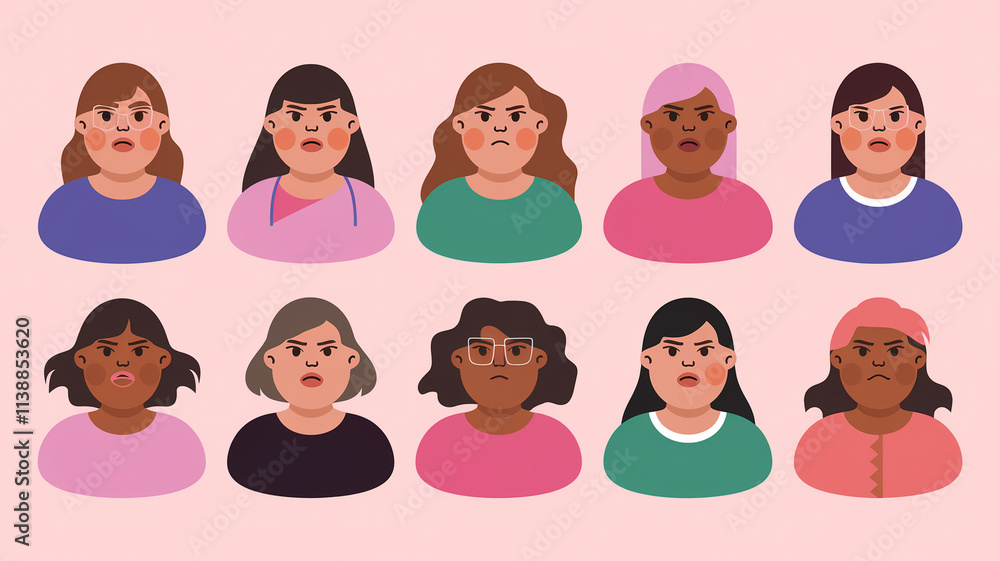 Ten Women with Angry Expressions in a Row Ten Women with Angry Expressions in a Row