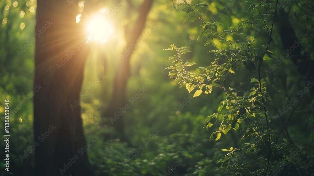 Sunlight flares through lush forest trees, leaves. Sunlight flares through lush forest trees, leaves.